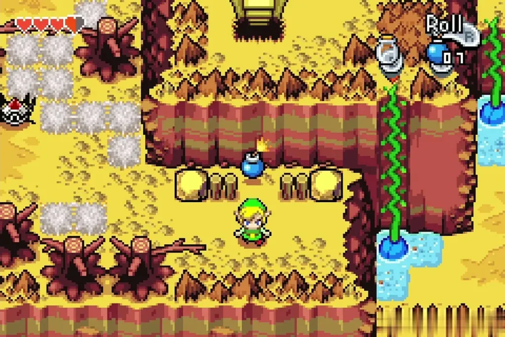 Link placing a bomb at the cracked wall between the two fence pieces beside the sign Link placing a bomb at the cracked wall between the two fence pieces beside the sign