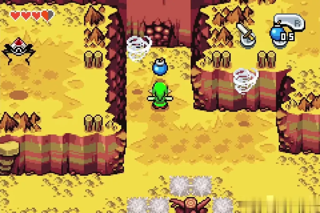 Link laying a bomb at the wall near the whirlwind Link laying a bomb at the wall near the whirlwind