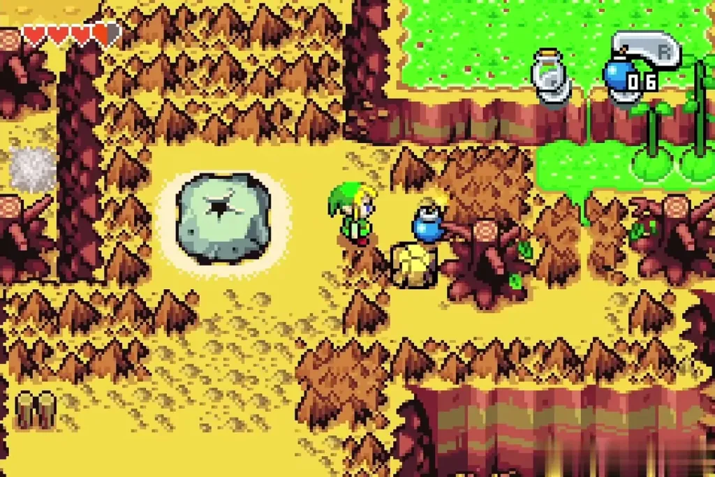 Link setting a bomb at the cracked rock beside the large stone Link setting a bomb at the cracked rock beside the large stone