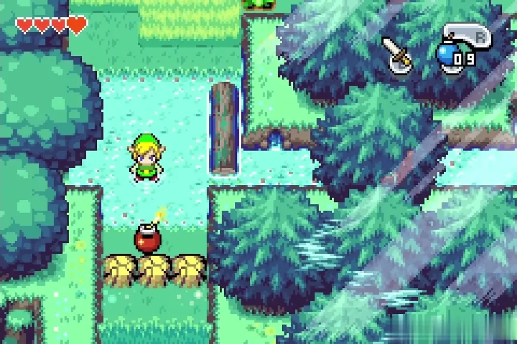 Link having set a bomb beside the three cracked boulders Link having set a bomb beside the three cracked boulders