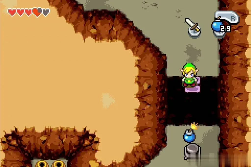 Link on the purple bridge with a lit bomb set at the switch Link on the purple bridge with a lit bomb set at the switch