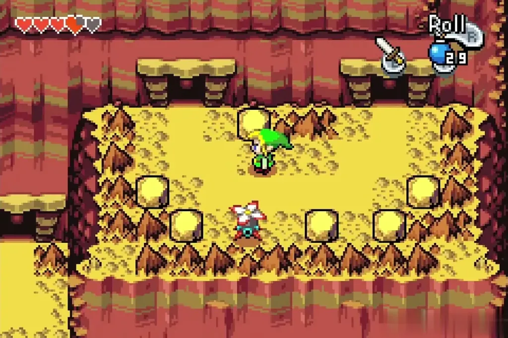 Link on the ledge among yellow rocks outside the next cave Link on the ledge among yellow rocks outside the next cave