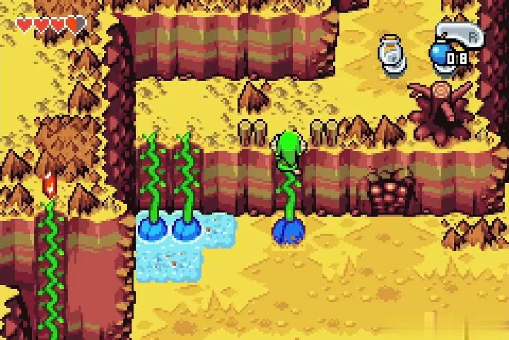 Link climbing the beanstalk vine up the cliff to the ledge Link climbing the beanstalk vine up the cliff to the ledge
