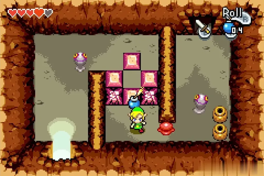 Link setting a bomb against a cracked pink block Link setting a bomb against a cracked pink block