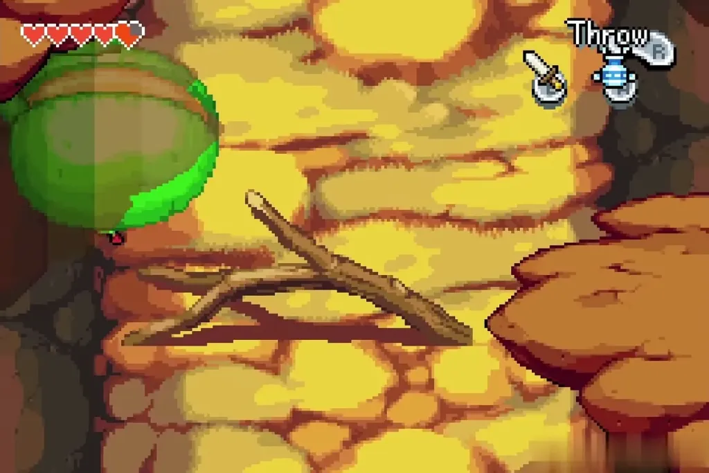 Link carrying the giant bean sprout along the Minish path Link carrying the giant bean sprout along the Minish path