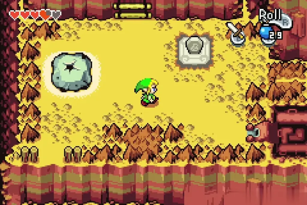 Link grown back to normal size near the stone and the Wind Crest tile Link grown back to normal size near the stone and the Wind Crest tile