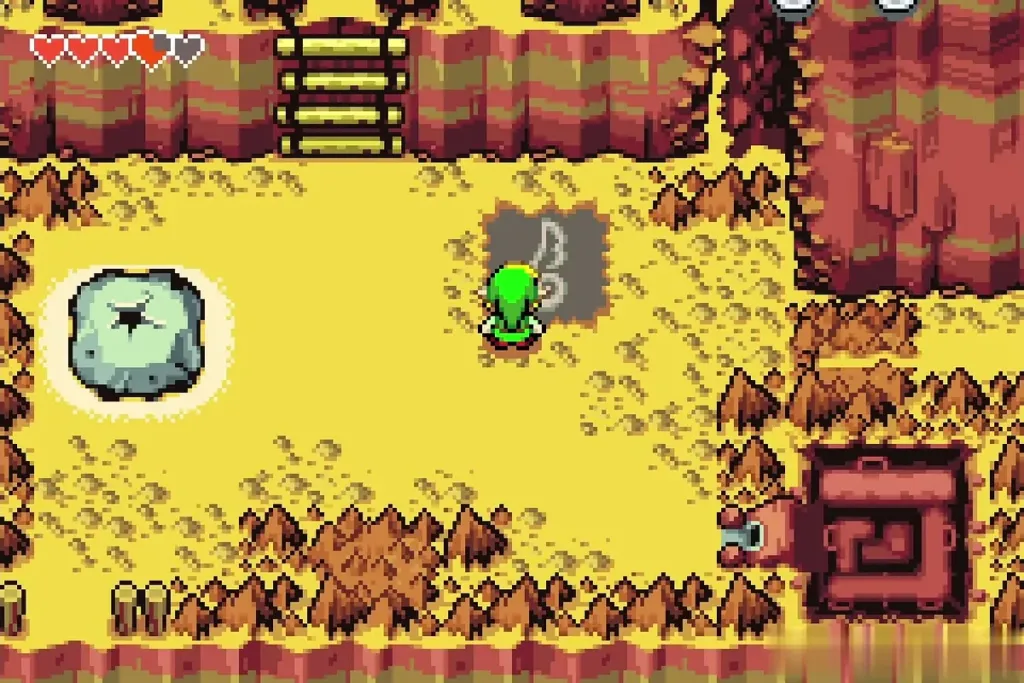 Link at the crumbled Wind Crest with the ladder to the Cave of Flames above Link at the crumbled Wind Crest with the ladder to the Cave of Flames above