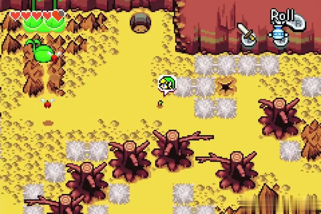 Minish-sized Link on the plateau beside the portal stone and the green sprouts Minish-sized Link on the plateau beside the portal stone and the green sprouts