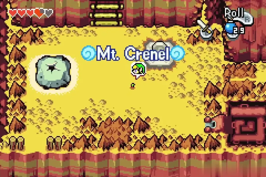 Link outside the mines on Mt. Crenel near the grow stone and the Mt. Crenel name Link outside the mines on Mt. Crenel near the grow stone and the Mt. Crenel name