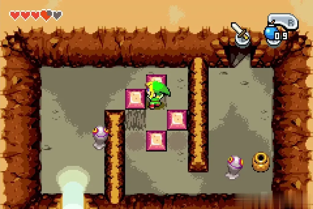 Link pushing pink blocks to open the way in the block room Link pushing pink blocks to open the way in the block room