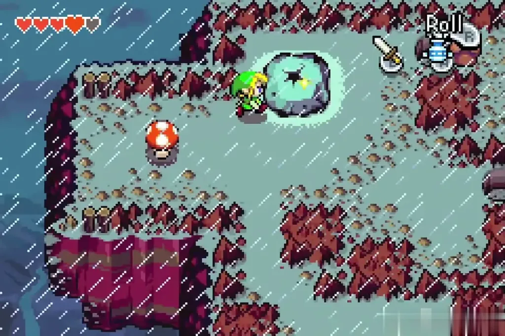 Link landing across the chasm as the heavy rain starts, beside the sparkling stone Link landing across the chasm as the heavy rain starts, beside the sparkling stone
