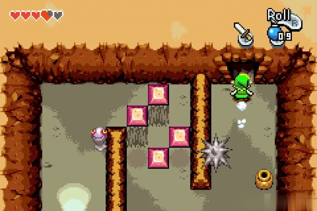 Link leaving through the north door while a spiked ball rolls in the pink block room Link leaving through the north door while a spiked ball rolls in the pink block room