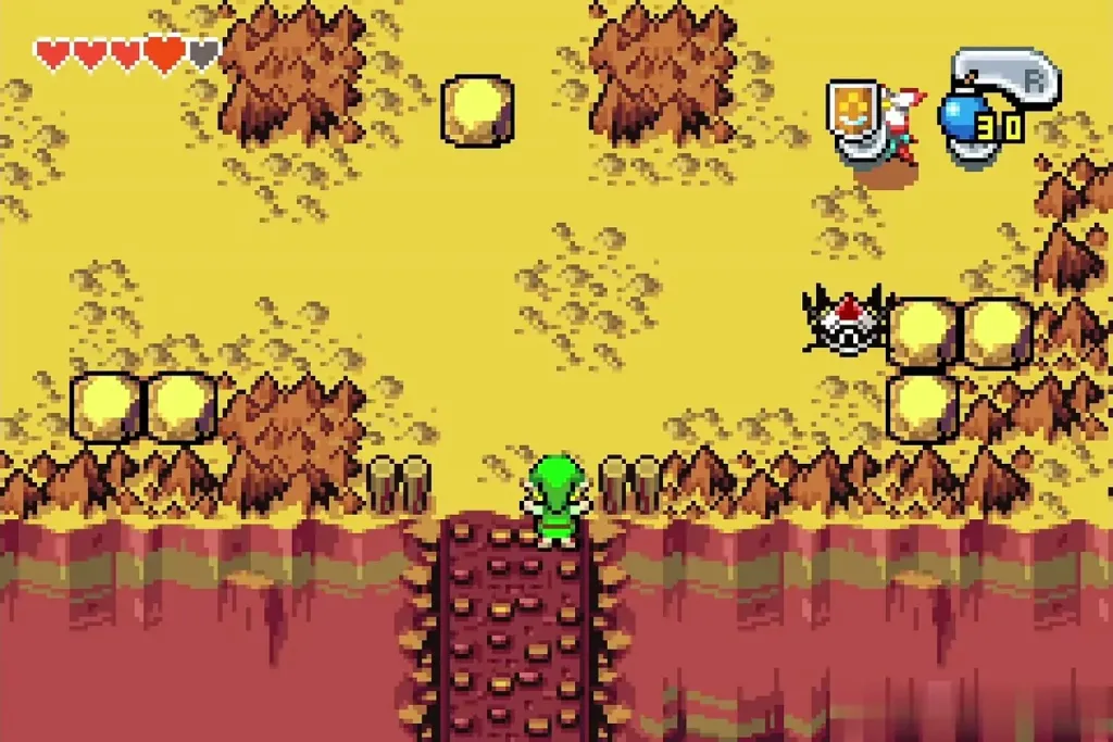 Link stepping onto the summit ledge among yellow rocks and a Spiked Beetle Link stepping onto the summit ledge among yellow rocks and a Spiked Beetle