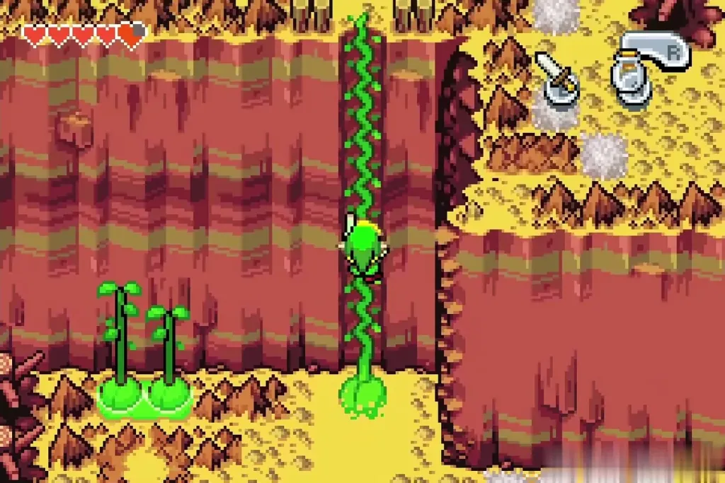 Link climbing the tall green vine up the red cliff Link climbing the tall green vine up the red cliff