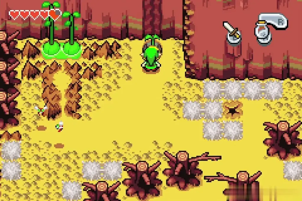 Link beside the green bean sprouts at the foot of the red cliff, empty bottle in hand Link beside the green bean sprouts at the foot of the red cliff, empty bottle in hand