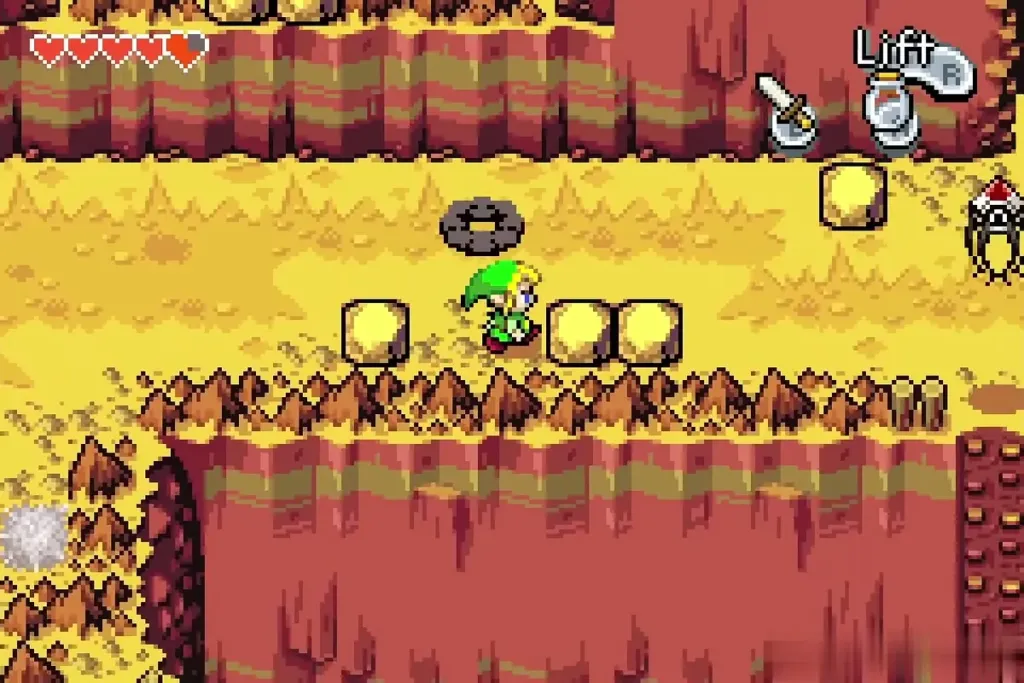Link about to lift a yellow rock beside the cliff edge Link about to lift a yellow rock beside the cliff edge