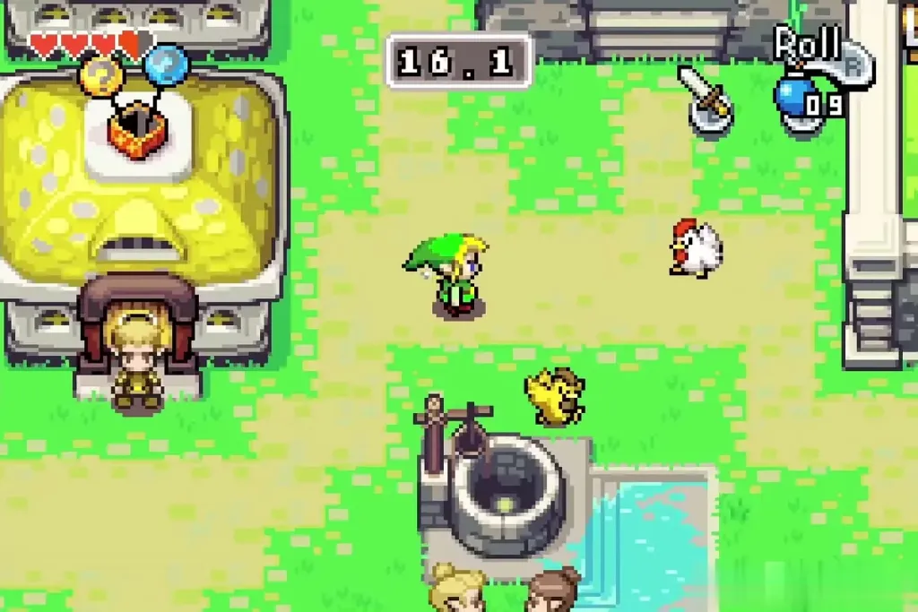 Link chasing Cuccos near the well with the countdown timer on screen Link chasing Cuccos near the well with the countdown timer on screen