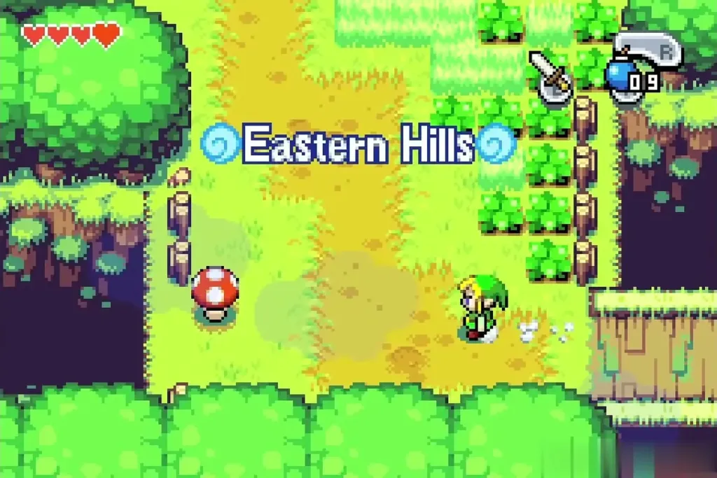 Link walking out into the Eastern Hills under the area name banner Link walking out into the Eastern Hills under the area name banner
