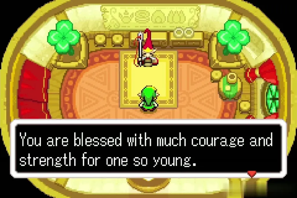 Elder Gentari greeting Link in his yellow Minish house, praising his courage Elder Gentari greeting Link in his yellow Minish house, praising his courage