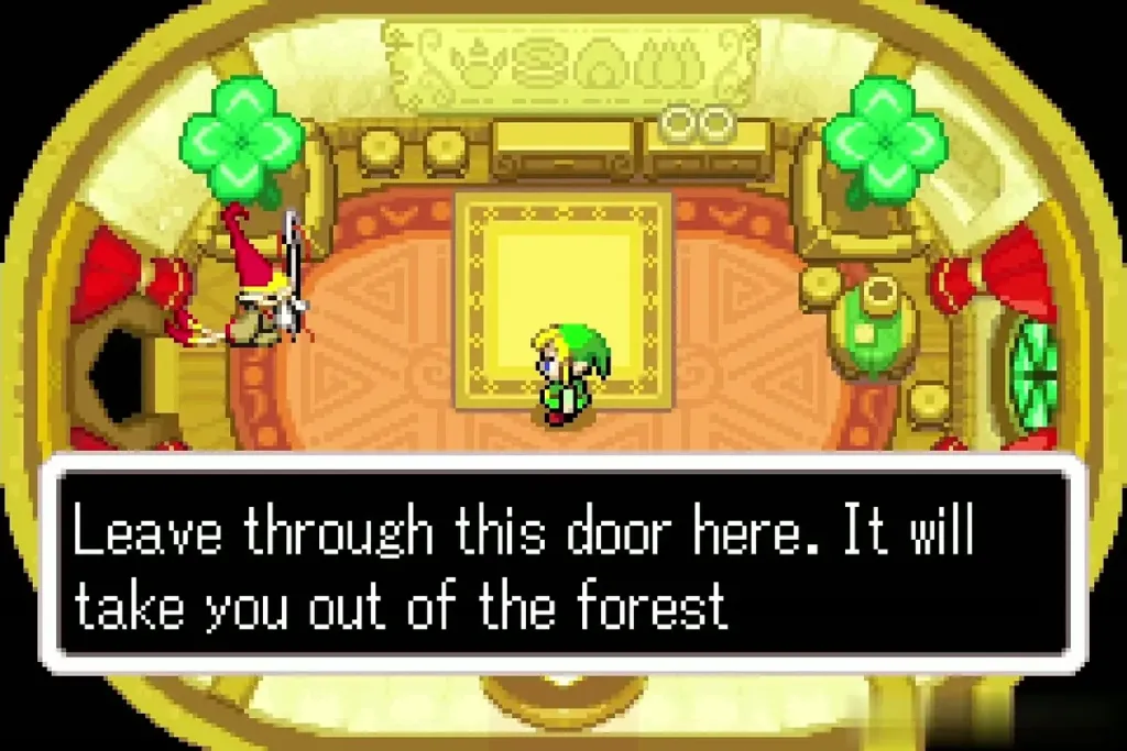 Elder telling Link to leave through the new door that leads out of the forest Elder telling Link to leave through the new door that leads out of the forest