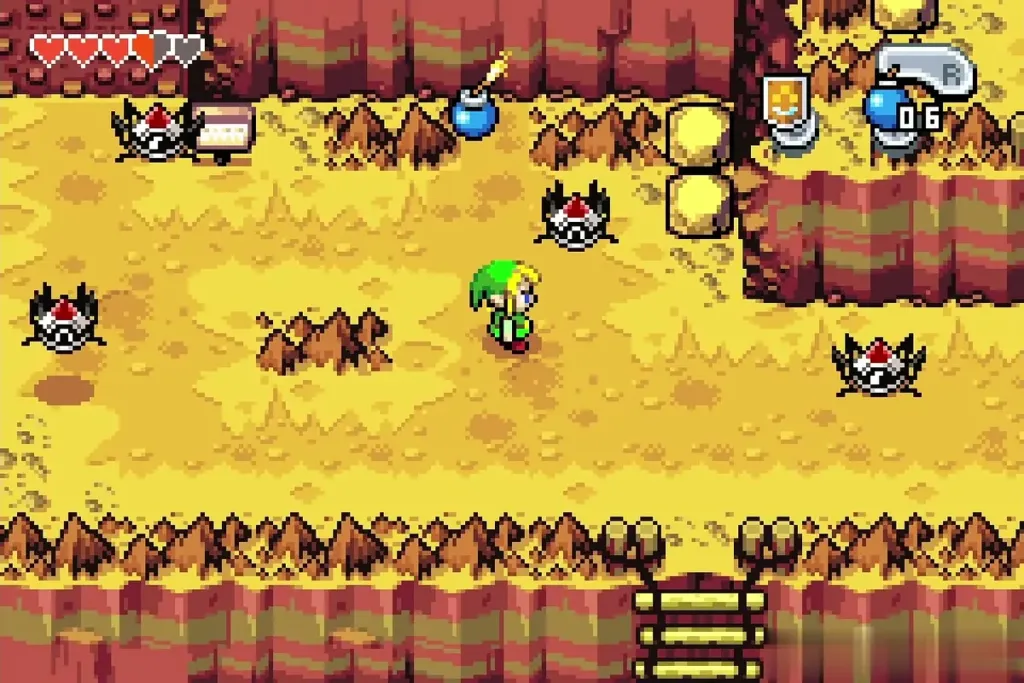 Link on the ledge with a lit bomb, a ladder below, on the way to the fairy spring Link on the ledge with a lit bomb, a ladder below, on the way to the fairy spring