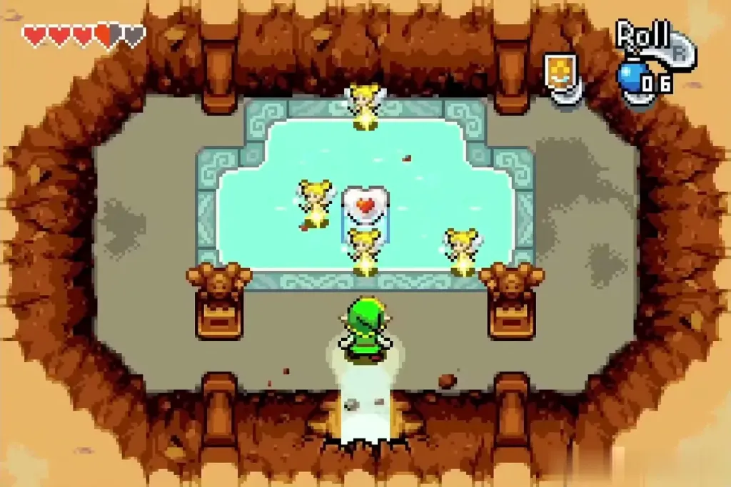 Link entering the small fairy spring with fairies and a heart above the water Link entering the small fairy spring with fairies and a heart above the water