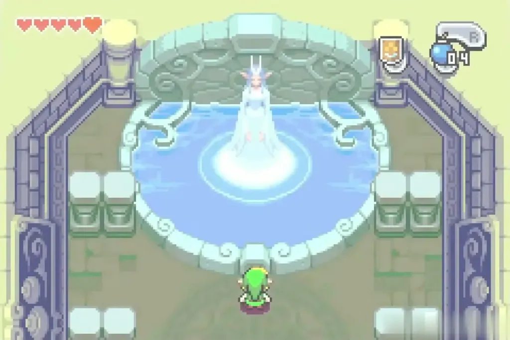The Great Fairy rising from the fountain as Link stands before it The Great Fairy rising from the fountain as Link stands before it