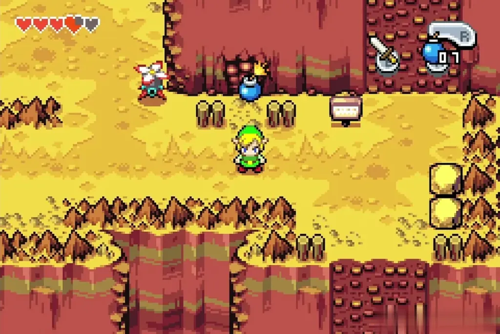 Link standing by a lit bomb that will blast the cracked wall near the sign Link standing by a lit bomb that will blast the cracked wall near the sign