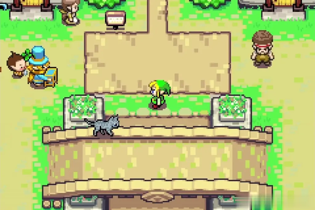 Link walking up to the Hyrule Town plaza steps with a Kinstone seller to the left Link walking up to the Hyrule Town plaza steps with a Kinstone seller to the left