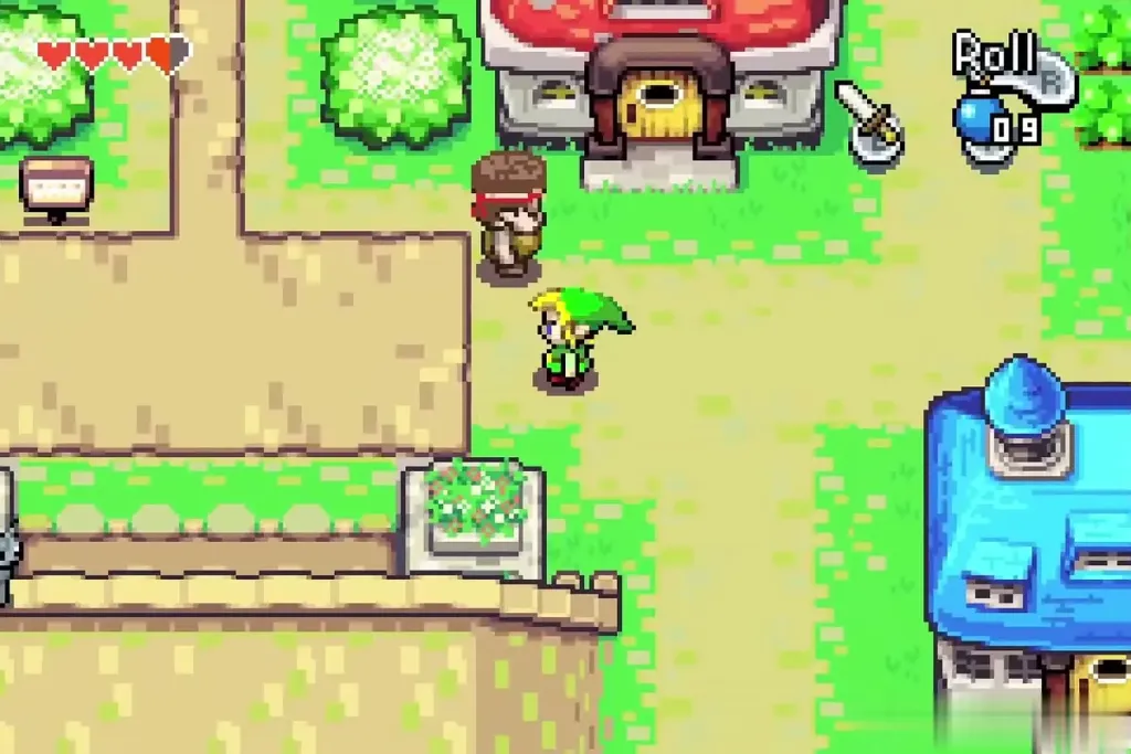 Link walking past the red-roofed house in Hyrule Town Link walking past the red-roofed house in Hyrule Town