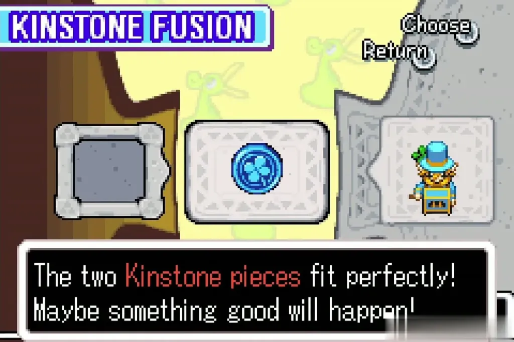 Kinstone Fusion screen: Link's blue piece joined to the Hurdy-Gurdy Man's, and the message that they fit perfectly Kinstone Fusion screen: Link's blue piece joined to the Hurdy-Gurdy Man's, and the message that they fit perfectly