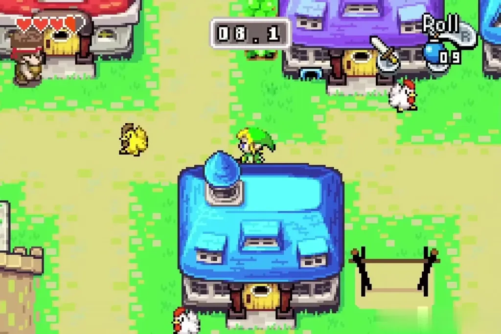 Link running past a blue house with a gold Cucco nearby as the timer counts down Link running past a blue house with a gold Cucco nearby as the timer counts down