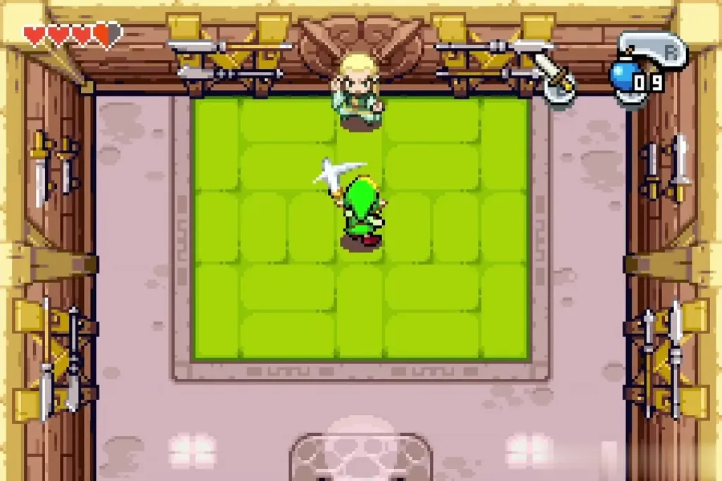Link swinging his sword while Swiftblade watches in the dojo Link swinging his sword while Swiftblade watches in the dojo