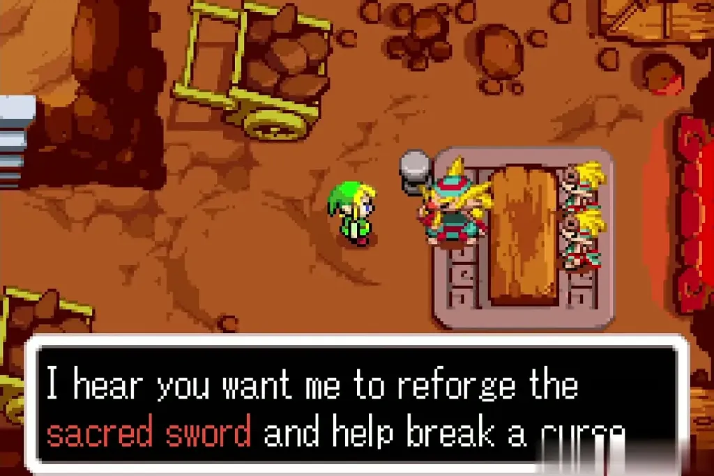 Melari at his anvil saying he will reforge the sacred sword and help break a curse Melari at his anvil saying he will reforge the sacred sword and help break a curse