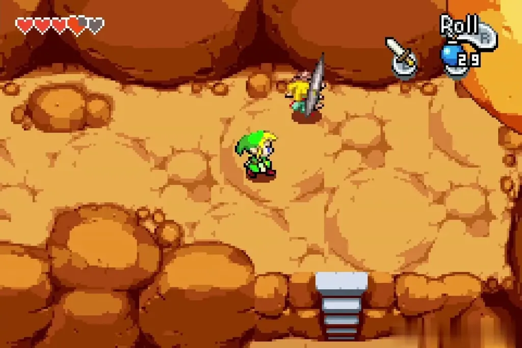 Link just inside Melari's Mines with a Minish miner and stairs ahead Link just inside Melari's Mines with a Minish miner and stairs ahead