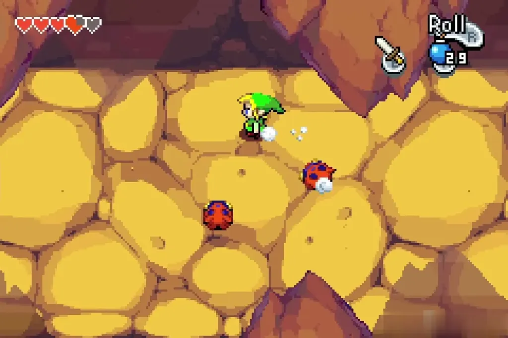 Minish Link on the yellow path with red ladybug enemies around him Minish Link on the yellow path with red ladybug enemies around him