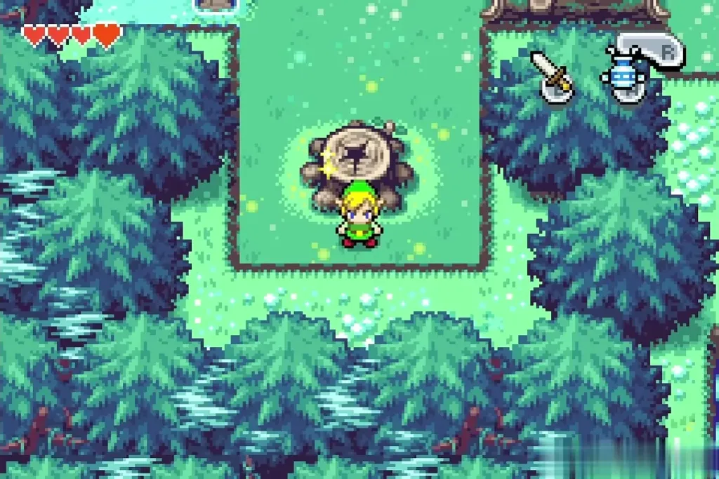 Link standing at the Minish Portal tree stump in the woods Link standing at the Minish Portal tree stump in the woods