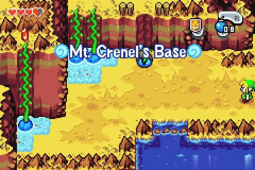 The area name Mt. Crenel's Base appearing as Link arrives at the foot of the mountain The area name Mt. Crenel's Base appearing as Link arrives at the foot of the mountain