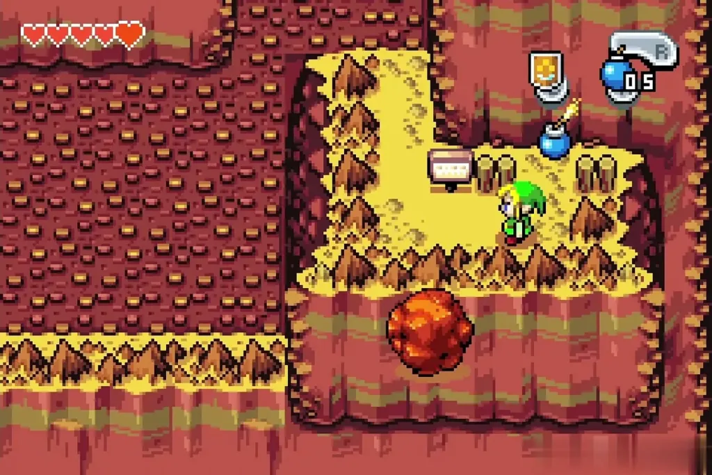Link on the small ledge by the No bomb throwing sign with a bomb set against the wall Link on the small ledge by the No bomb throwing sign with a bomb set against the wall
