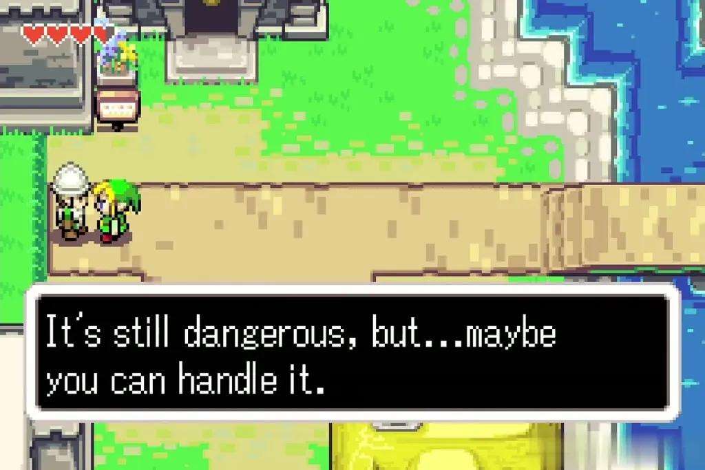 Link talking to the soldier blocking the road, who says it is still dangerous but he may be able to handle it Link talking to the soldier blocking the road, who says it is still dangerous but he may be able to handle it