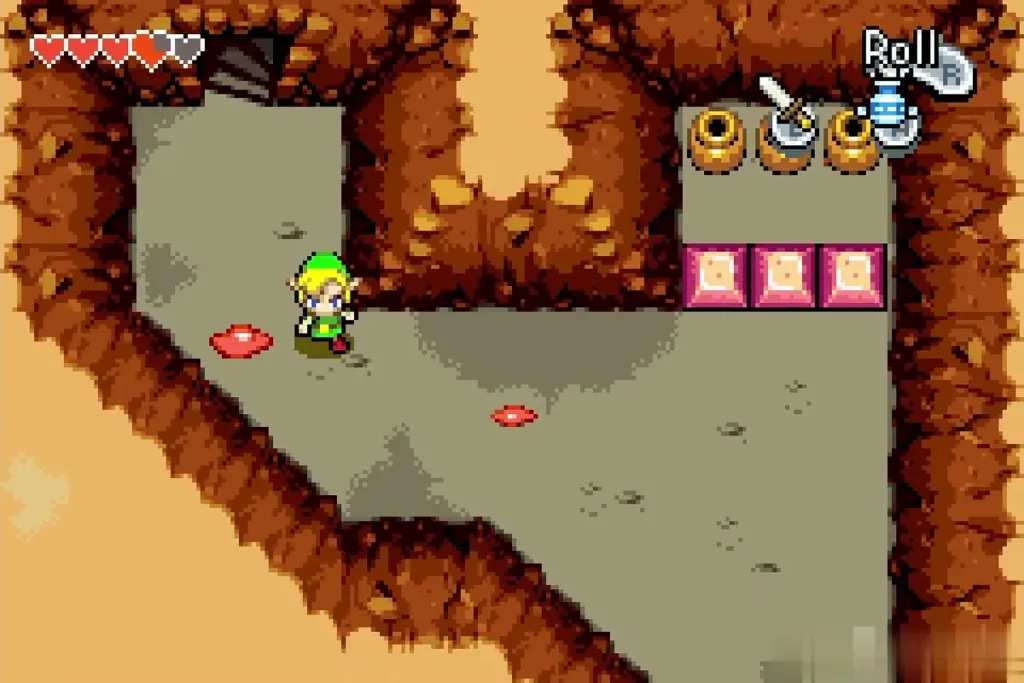 Link walking toward the pots beside a row of pink blocks Link walking toward the pots beside a row of pink blocks