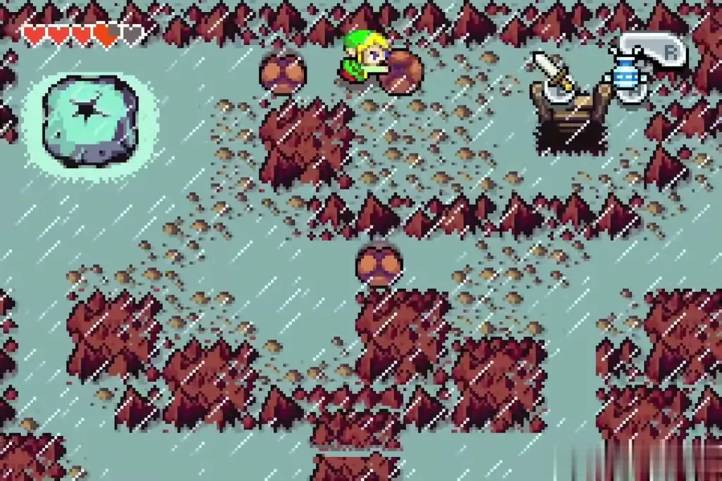 Link pushing the last boulder beside the wooden ladder Link pushing the last boulder beside the wooden ladder