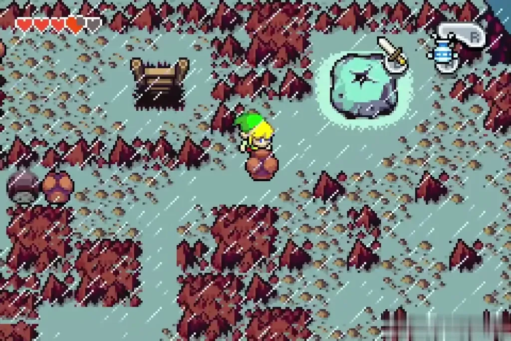 Link pushing a round boulder along the rainy slope near the wooden ladder Link pushing a round boulder along the rainy slope near the wooden ladder