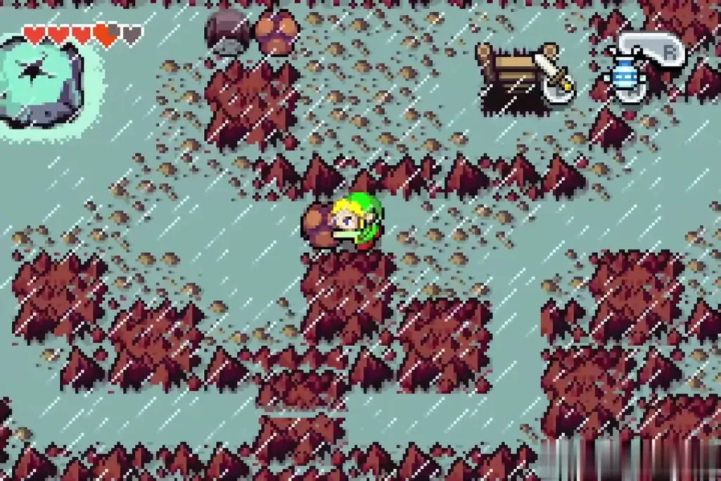 Link pushing a boulder sideways on the rain-soaked slope Link pushing a boulder sideways on the rain-soaked slope