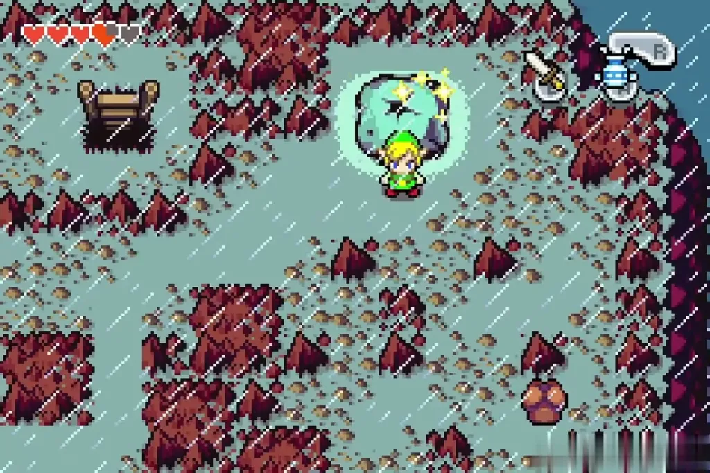 Link beside the sparkling stone after the Minish path, back at normal size Link beside the sparkling stone after the Minish path, back at normal size