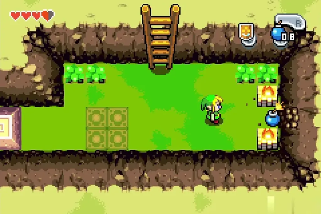 Link in the small cave as a bomb goes off at the cracked wall Link in the small cave as a bomb goes off at the cracked wall