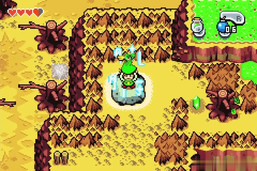 Link shrinking on the stone to enter the Minish Portal Link shrinking on the stone to enter the Minish Portal