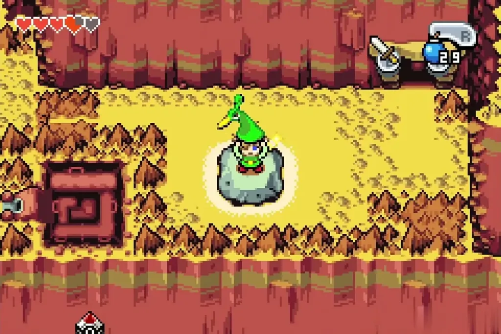 Link shrinking on the sparkling stone before the Minish path to Melari's Mines Link shrinking on the sparkling stone before the Minish path to Melari's Mines