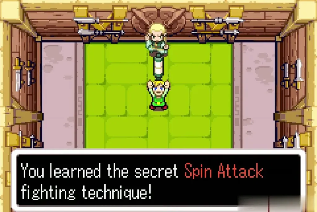 Link raising the Spin Attack Tiger Scroll with the message You learned the secret Spin Attack Link raising the Spin Attack Tiger Scroll with the message You learned the secret Spin Attack