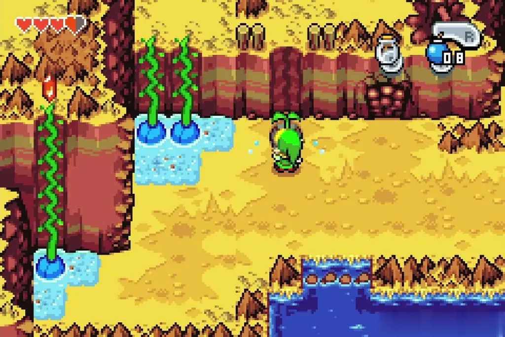 Link sprinkling water from the bottle onto the dry sprout beside the pond Link sprinkling water from the bottle onto the dry sprout beside the pond